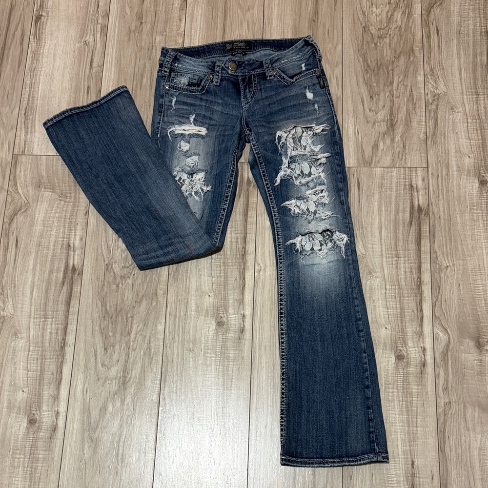 Silver Jeans Co. Distressed Dark Blue Straight Leg Jeans